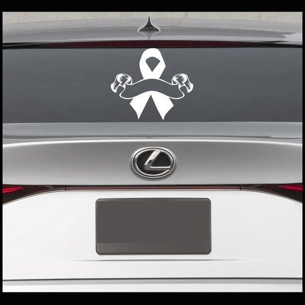 White ribbon scroll decal with bow and hanging ribbon tails on a car trunk