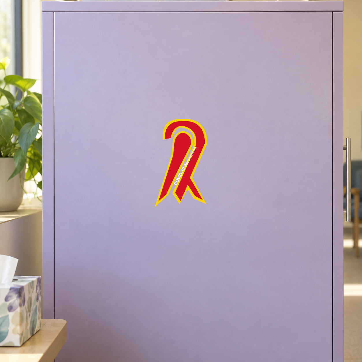 COVID-19 awareness ribbon vinyl sticker with red/yellow ribbon icon