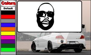 Rick Ross face decal, black graphic on white rectangular backing