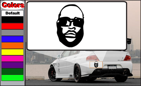 Rick Ross face decal, black graphic on white rectangular backing