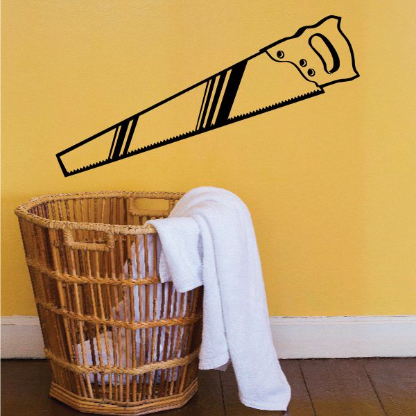 Saw-shaped wall decal, black cartoon outline with blade and teeth
