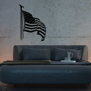 Waving American flag decal with stars and stripes on a black outline