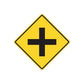 Yellow road sign decal with black cross in a diamond shape