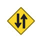 Yellow road sign decal with diamond border and up and down black arrows
