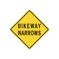 Yellow road sign wall decal: diamond bikeway narrows text, black border.