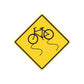 Yellow diamond road sign vinyl decal with bicycle and curved lane lines