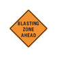 Road sign decal: orange diamond with black border and “BLASTING ZONE AHEAD” text