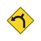 Yellow road sign decal with black curved turn arrow, die-cut vinyl sticker