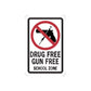 Road sign wall decal with crossed-out gun in red circle and DRUG FREE GUN FREE SCHOOL ZONE text