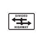 Road sign wall decal of divided highway with left and right arrows, black on white