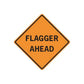 Orange diamond road sign decal with black border, text 'FLAGGER AHEAD'.