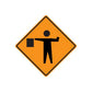 Orange road sign decal with black standing pedestrian icon in a diamond border