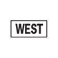 Die-cut vinyl road sign decal with 'WEST' text, black and white.