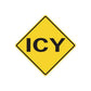 Yellow diamond road sign vinyl sticker with black 'ICY' text and border