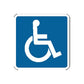 Accessibility road sign vinyl decal with white wheelchair symbol on blue