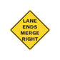 Yellow diamond road sign vinyl sticker with black border and text 'LANE ENDS MERGE RIGHT'