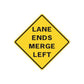 Yellow diamond road sign vinyl wall decal with black border and text: LANE ENDS MERGE LEFT.