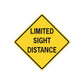 Yellow diamond road sign sticker with black border and "LIMITED SIGHT DISTANCE" text