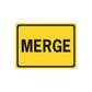 Yellow MERGE road sign vinyl decal with black border and text