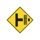 Yellow diamond road sign vinyl sticker with black barrier and arrow graphic