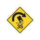 Yellow road warning sign decal: black curved arrow and "35" on diamond