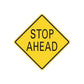 Yellow stop ahead road sign decal with black border and STOP AHEAD text