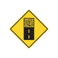 Yellow diamond road sign decal with black road panel and dashed center line