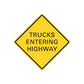 Yellow road sign vinyl decal: diamond border with "TRUCKS ENTERING HIGHWAY"