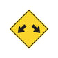 Yellow road sign decal with black down arrows inside a diamond border