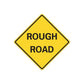 Yellow diamond road sign sticker with black border and text "ROUGH ROAD".