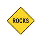 Road sign vinyl sticker: yellow diamond with black border and 'ROCKS'