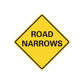 Yellow diamond road sign sticker with bold text "ROAD NARROWS"