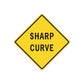 Yellow road sign sticker, black diamond border, 'SHARP CURVE' text