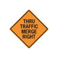 Traffic merge right road sign vinyl decal, orange diamond with black border and text