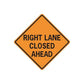 Road sign wall decal, orange diamond with black border and 'Right Lane Closed Ahead' text