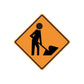 Road sign decal: orange diamond with black standing figure and seated person