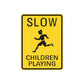 Road sign wall decal, yellow slow children playing sign with running child silhouette