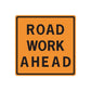Orange road work ahead sign wall decal with black text and border