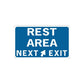 Road sign vinyl decal: blue REST AREA NEXT EXIT sign with arrow