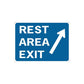 Road sign wall decal with blue rest area exit sign and white text and arrow