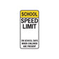 Road sign wall decal with yellow SCHOOL SPEED LIMIT and 'On school days when children are present'
