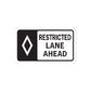 Vinyl road sign sticker: 'RESTRICTED LANE AHEAD' with arrow symbol
