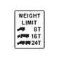Road sign weight limit vinyl decal with truck icons, text 8T 16T 24T