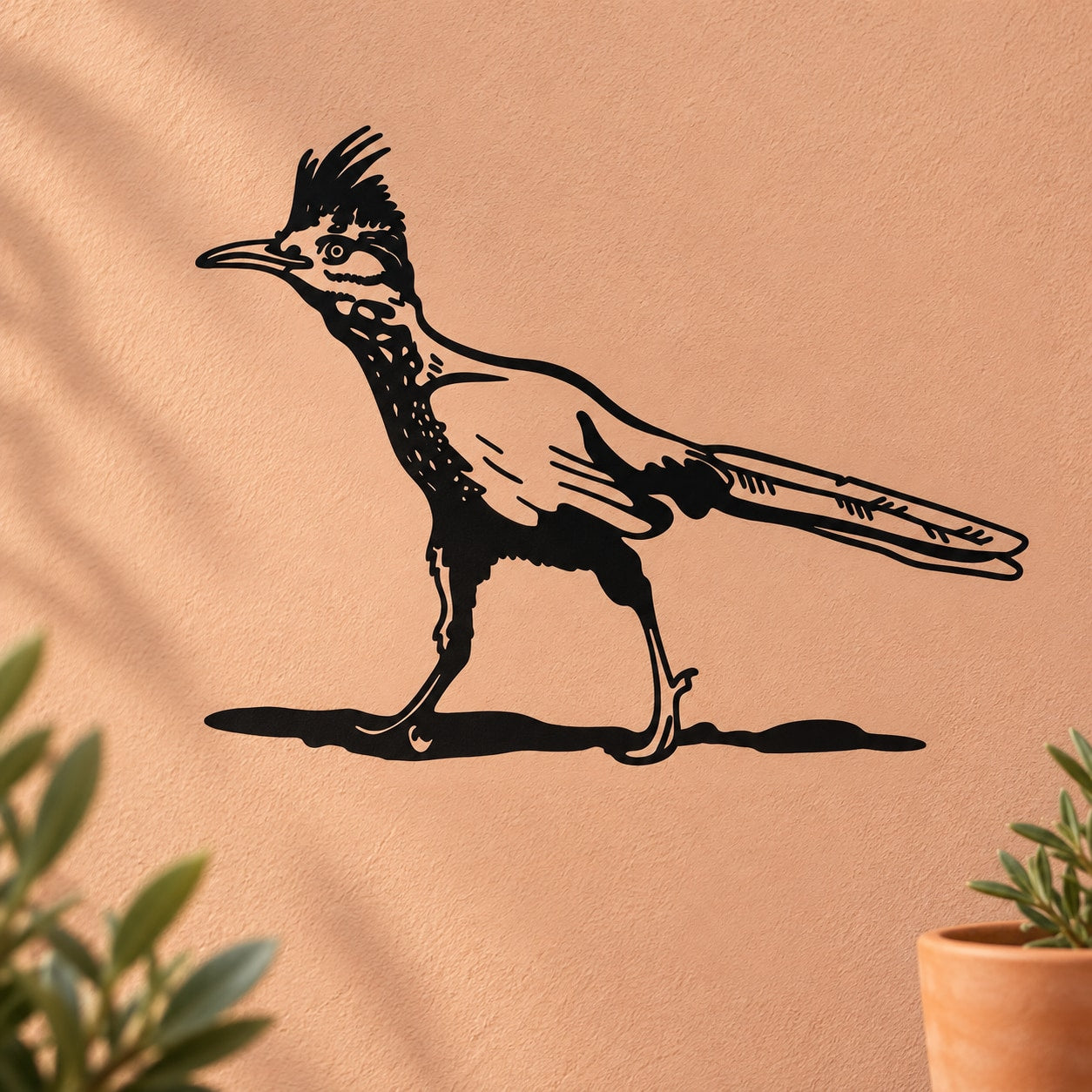 Black road runner bird decal silhouette with long beak and tail, ready to apply