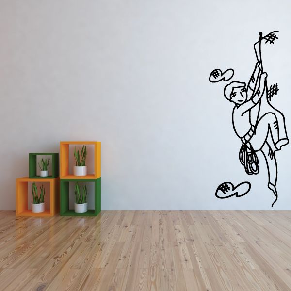Climbing wall vinyl decal of a rock climber holding an overhead route