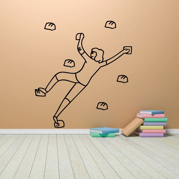 Rock climbing wall vinyl decal: line-drawn climber grabbing handholds.