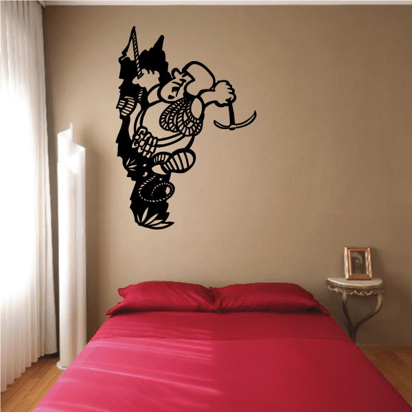 Vinyl rock climbing wall decal, black cartoon climber with rope and harness