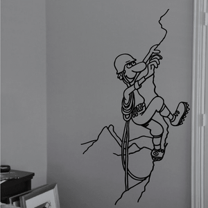 Rock climbing wall vinyl decal of a rope-climbing figure with headlamp and gear