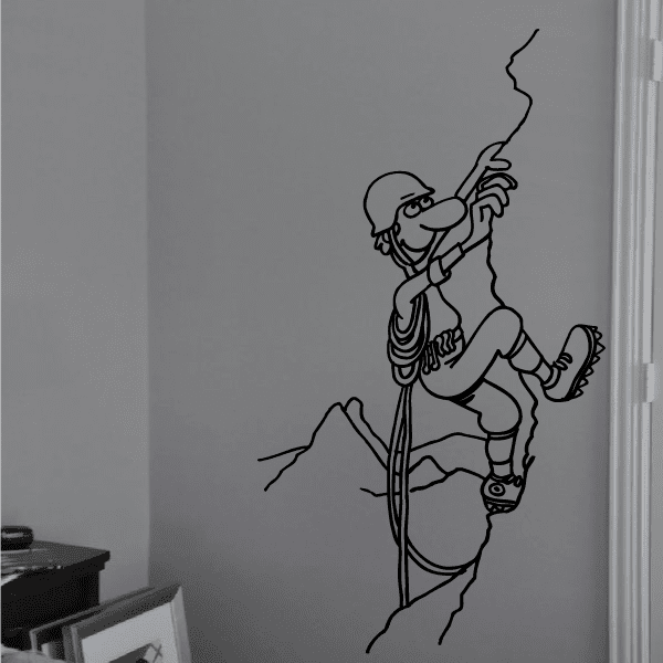 Rock climbing wall vinyl decal of a rope-climbing figure with headlamp and gear