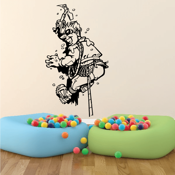 Rock climbing wall vinyl decal featuring cartoon climber scaling rope